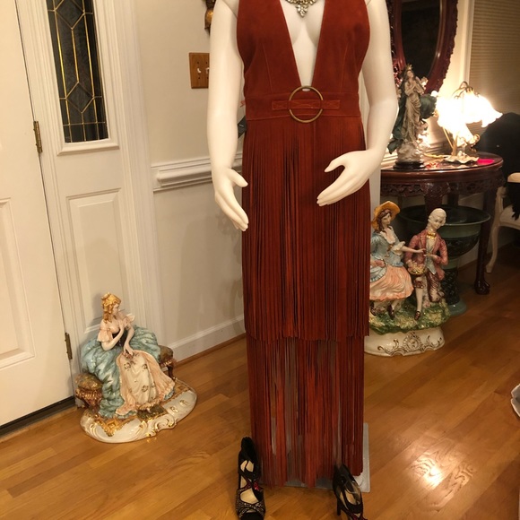 NEVER WORN ORANGE SUEDE DEEP V NECK DRESS WFRINGES - Picture 2 of 7